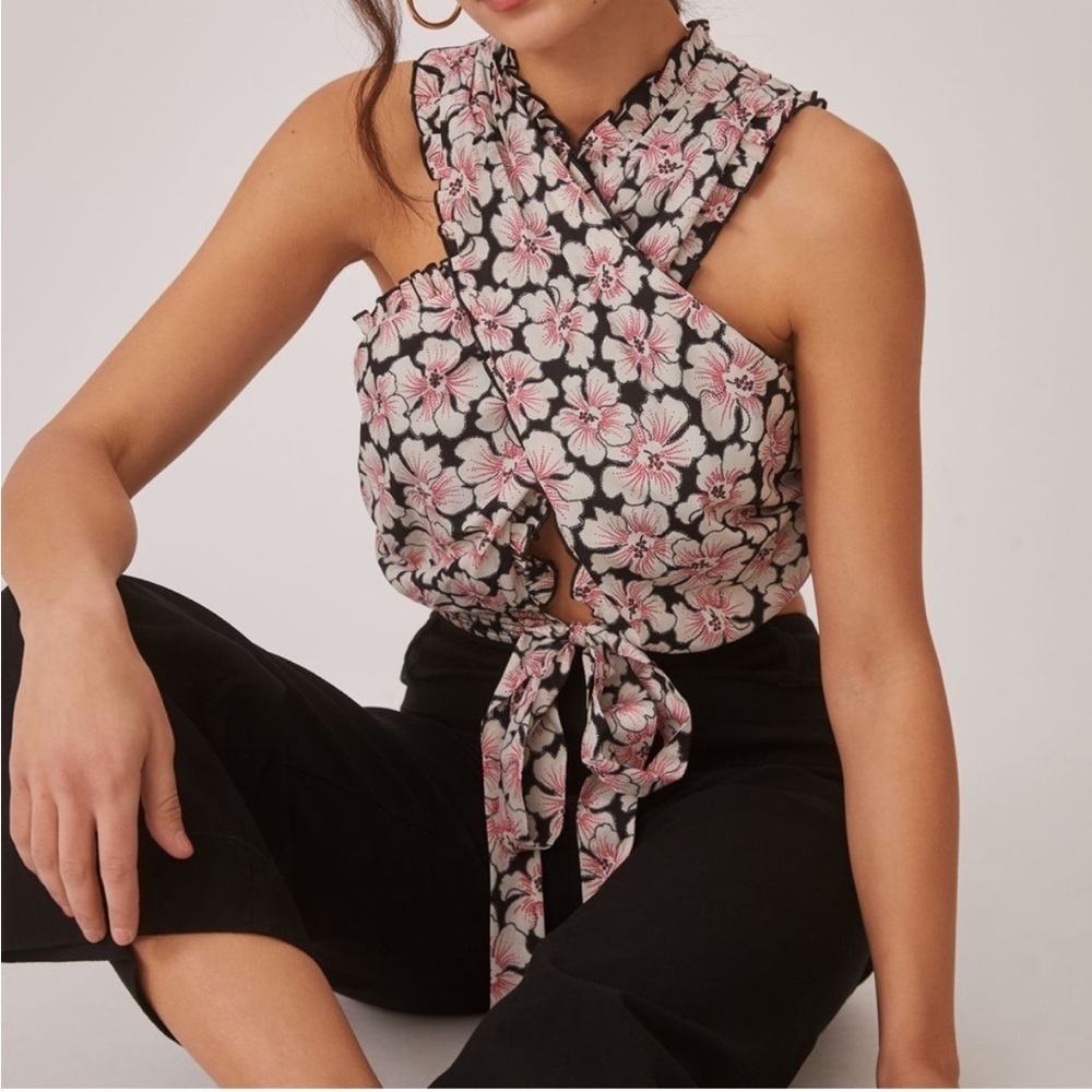 Anthropologie Black Floral Tie-Front Crop Top